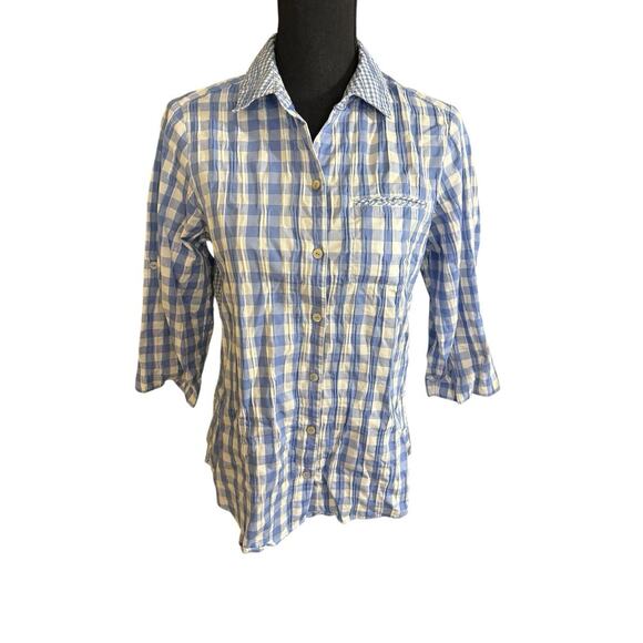 Foxcroft Womens Size 6 (S) Blue Plaid Texture Button-Up Shirt 3/4 Sleeve‎ Fitted - Picture 1 of 9